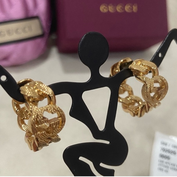 Gucci Brushed Gold GG chain hoop earrings - Picture 2 of 7